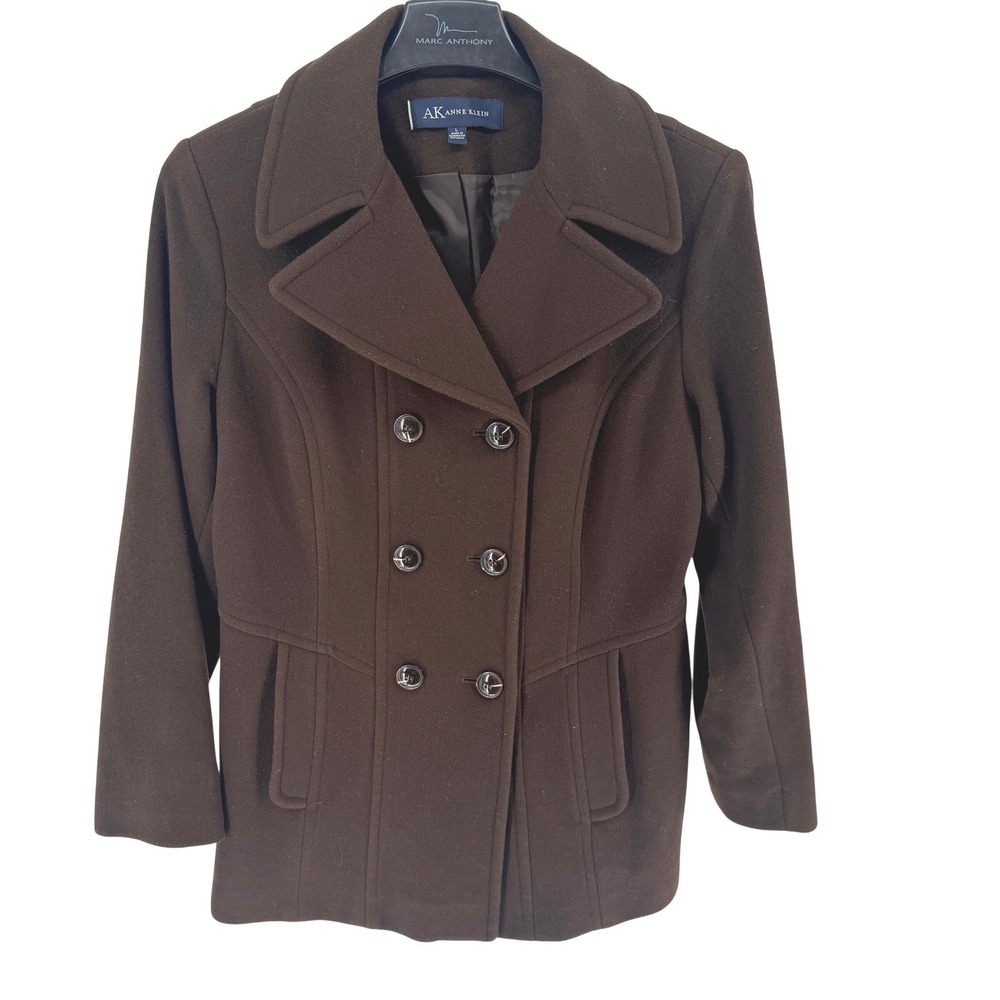 Anne Klein Womens Brown Wool Blend Double Breasted Pea Coat Jacket Size L